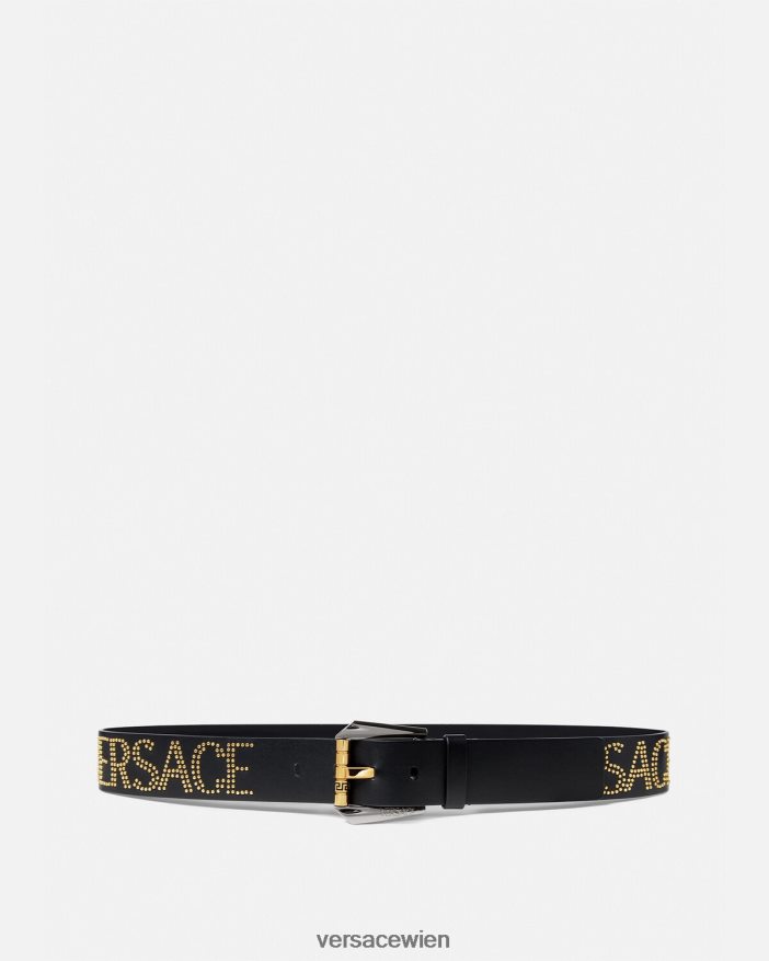 schwarzes Gold Nietenbesetzter Ledergürtel mit Logo Versace Männer Zubehör 8N4XJD1627