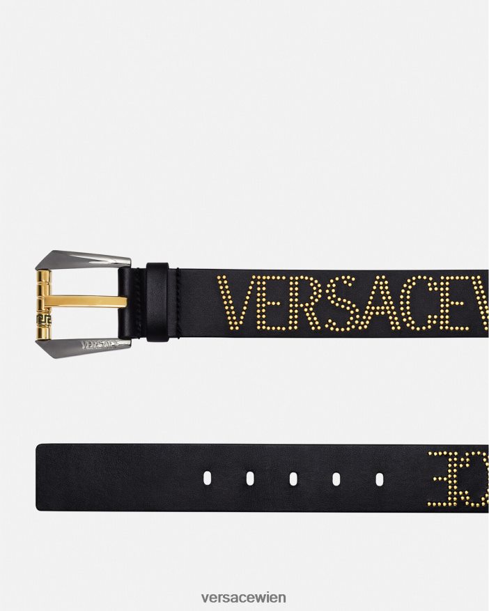 schwarzes Gold Nietenbesetzter Ledergürtel mit Logo Versace Männer Zubehör 8N4XJD1627