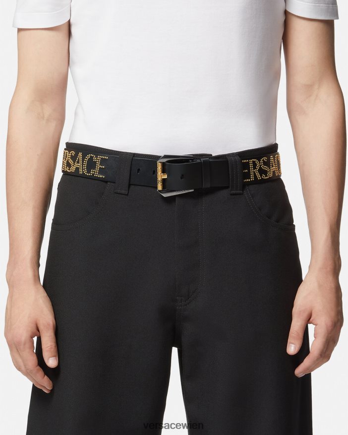 schwarzes Gold Nietenbesetzter Ledergürtel mit Logo Versace Männer Zubehör 8N4XJD1627