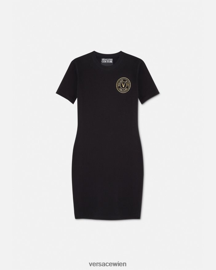 schwarzes Gold T-Shirt-Kleid mit V-Emblem-Logo Versace Frauen Kleidung 8N4XJD2144