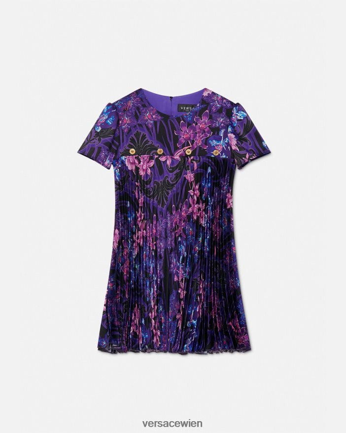 violett  bedruckt Kleid mit Falten im Orchideen-Barocco-Stil Versace Kinder Kleidung 8N4XJD2007