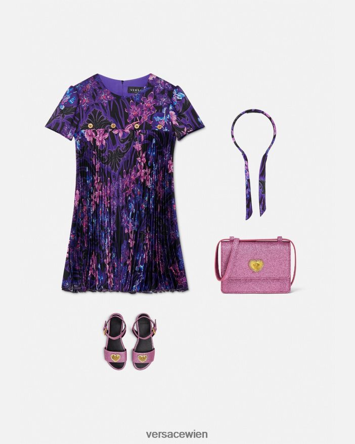 violett  bedruckt Kleid mit Falten im Orchideen-Barocco-Stil Versace Kinder Kleidung 8N4XJD2007