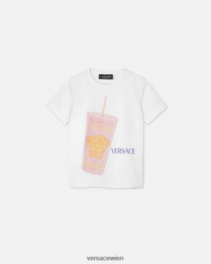 weiß  bedruckt T-Shirt mit Reisebecher-Logo Versace Kinder Kleidung 8N4XJD2018