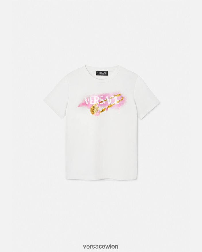 weiß  bedruckt T-Shirt mit Sicherheitsnadel Versace Kinder Kleidung 8N4XJD2008